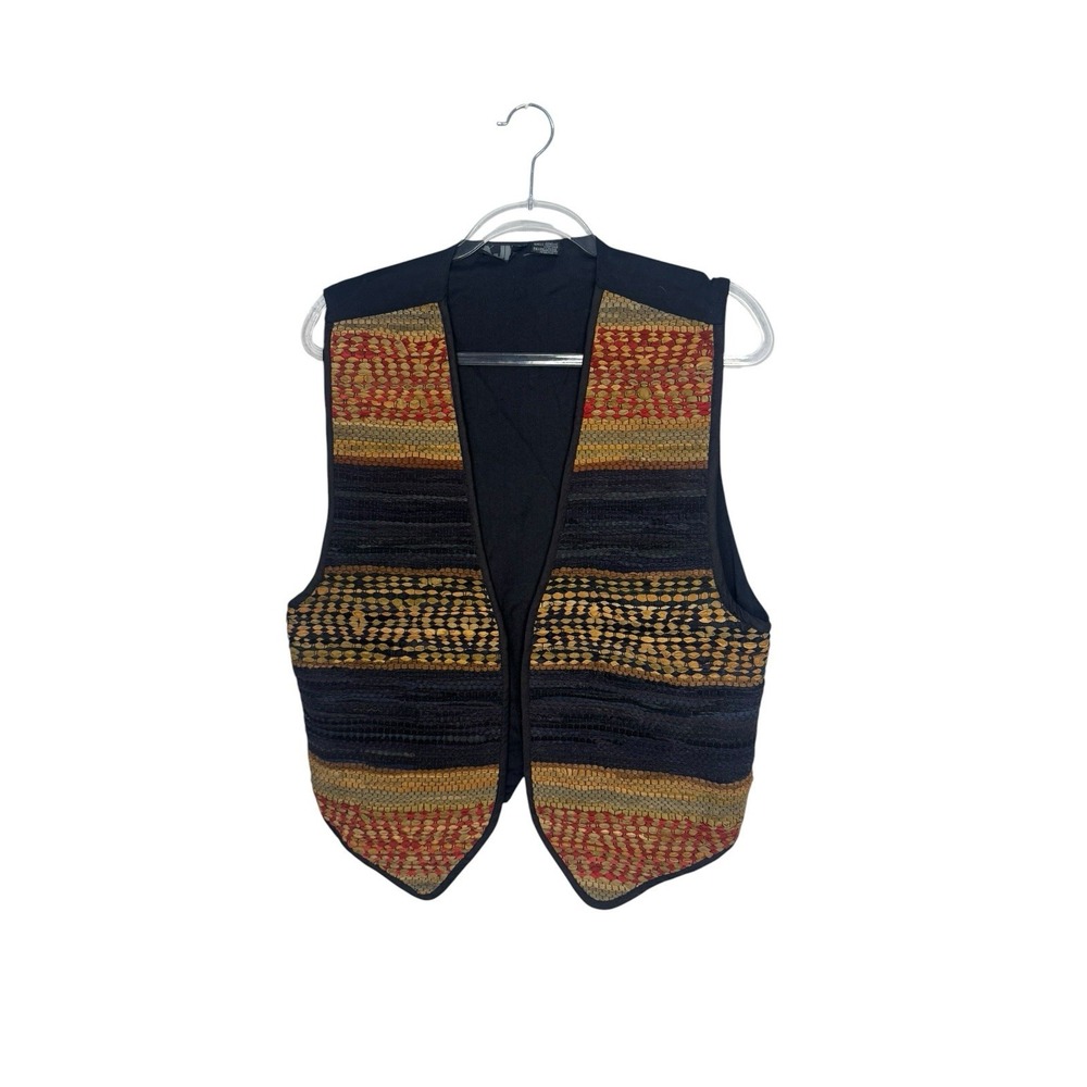 Vintage Leather Woven Vest Open Front Women's Size L Boho Festival Indie